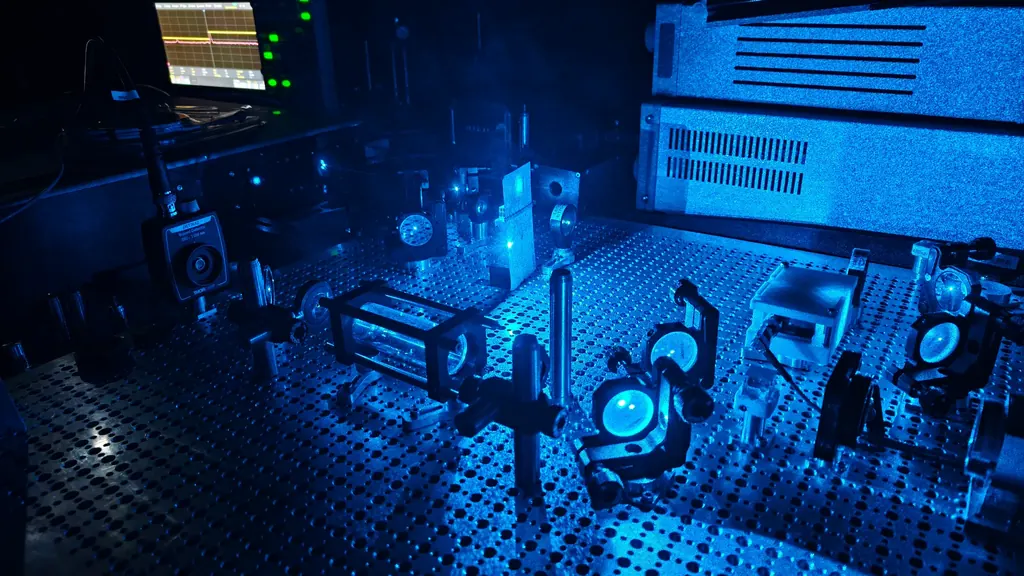 Laser optics on the qSIM Rydberg electromagnetically induced transparency (EIT) setup, lit in blue