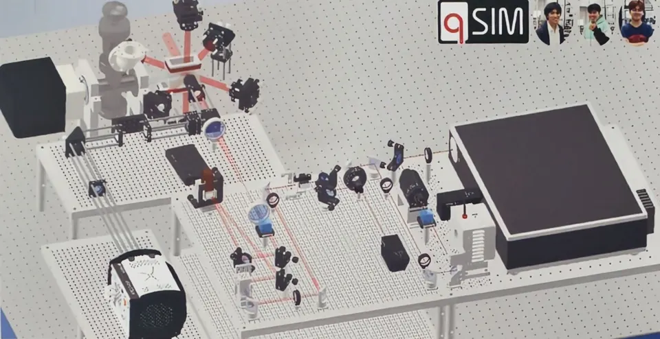 3D model of the qSIM quantum simulation experiment: vacuum chamber, laser optics and camera on two optical tables